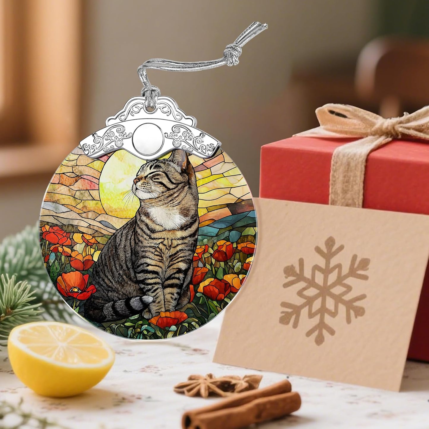 Stained Glass Ornament, Christmas Ornaments, Christmas Decorations for Tree, Holiday Ornament, Gifts for Cat Lovers, Holiday Party Gifts, Gift Ideas & Xmas Gift - Cat