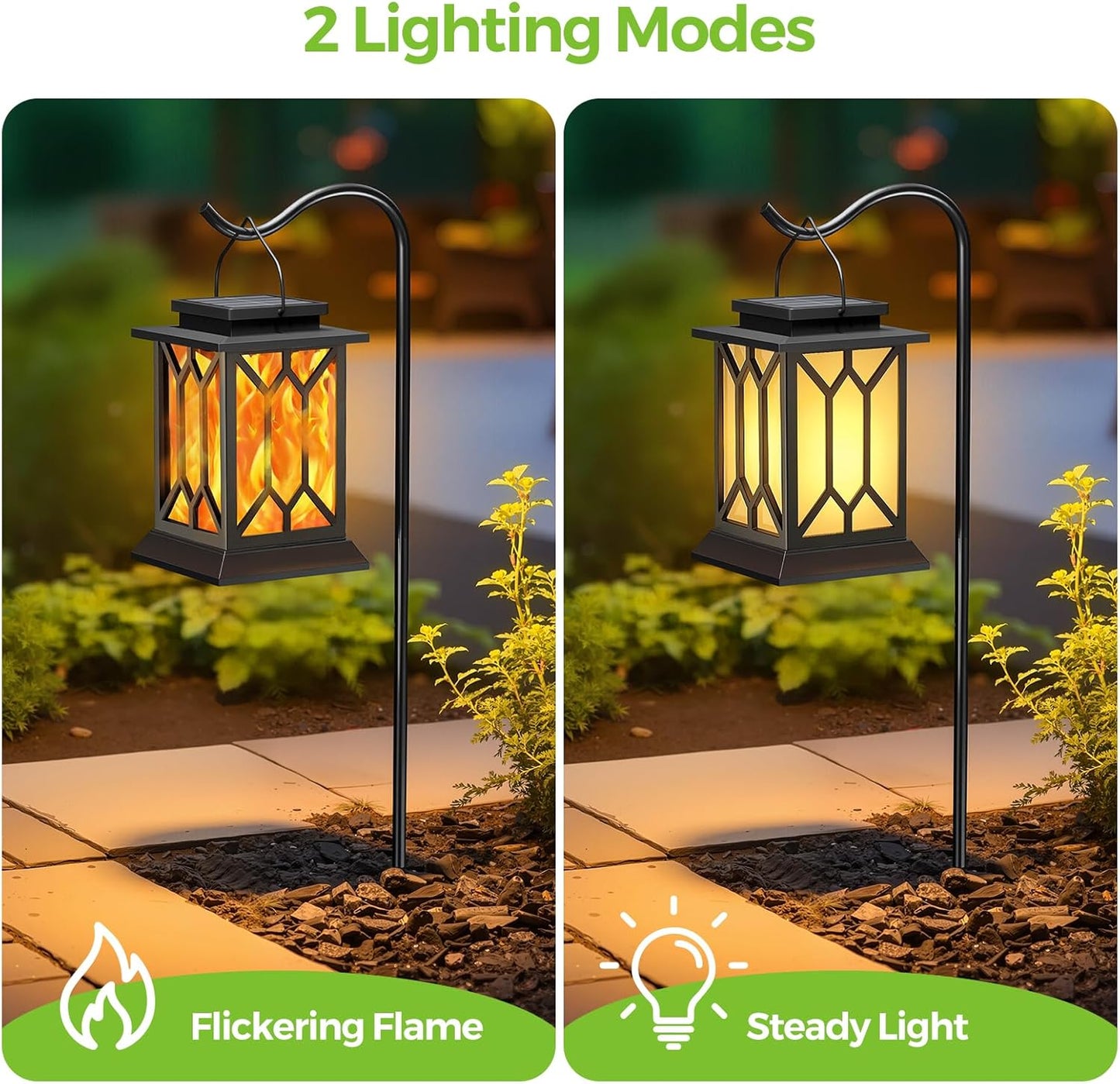 BOBKID 2 Pack Solar Lanterns Outdoor Waterproof, Flickering Flame Outdoor Lights, Hanging Solar Lantern Lamps Decorative, Solar Powered Lighting for Outside Garden Yard Patio Path Tree Decor