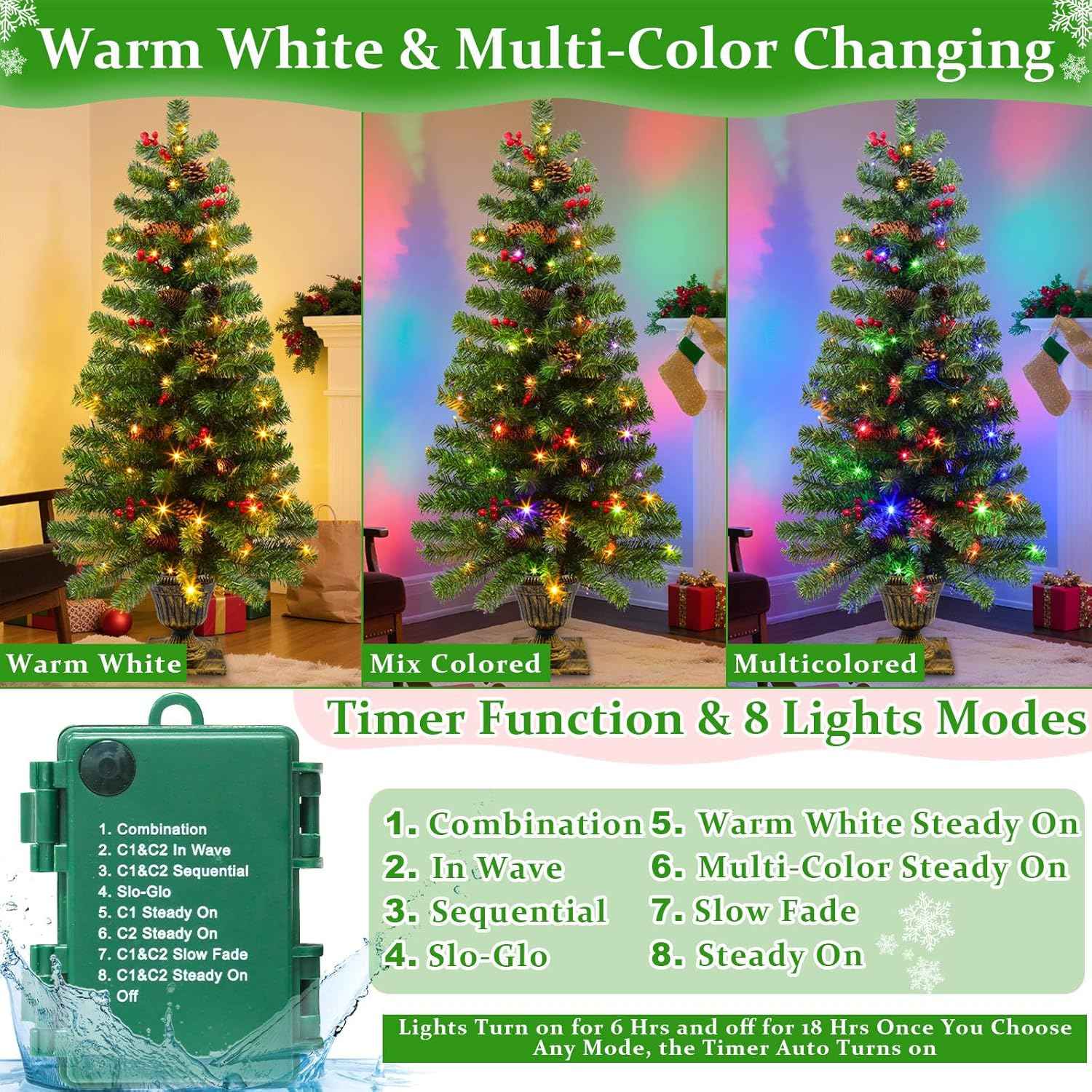 2 Pack 4 Ft Artificial Potted Christmas Tree with 60 LED Lights,Warm White and Colored Changing,8 Lighting Mode&Timer,Mini Small Xmas Tree, Battery Operated,Outdoor Front Door Porch Home Decoration