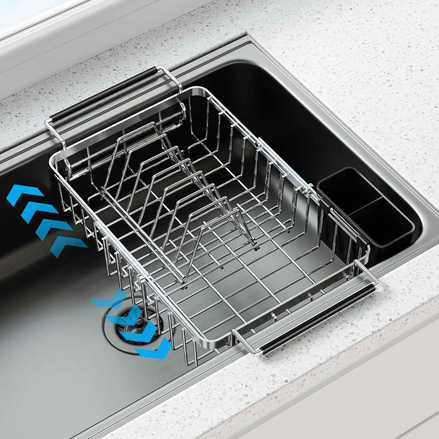 Expandable Over The Sink Dish Drying Rack, Anti-Rust Stainless Steel in Sink Dish Drainer with Cutlery Holder, Counter Space Saving Sturdy Sink Drying Rack for Many Kitchen Drain Task