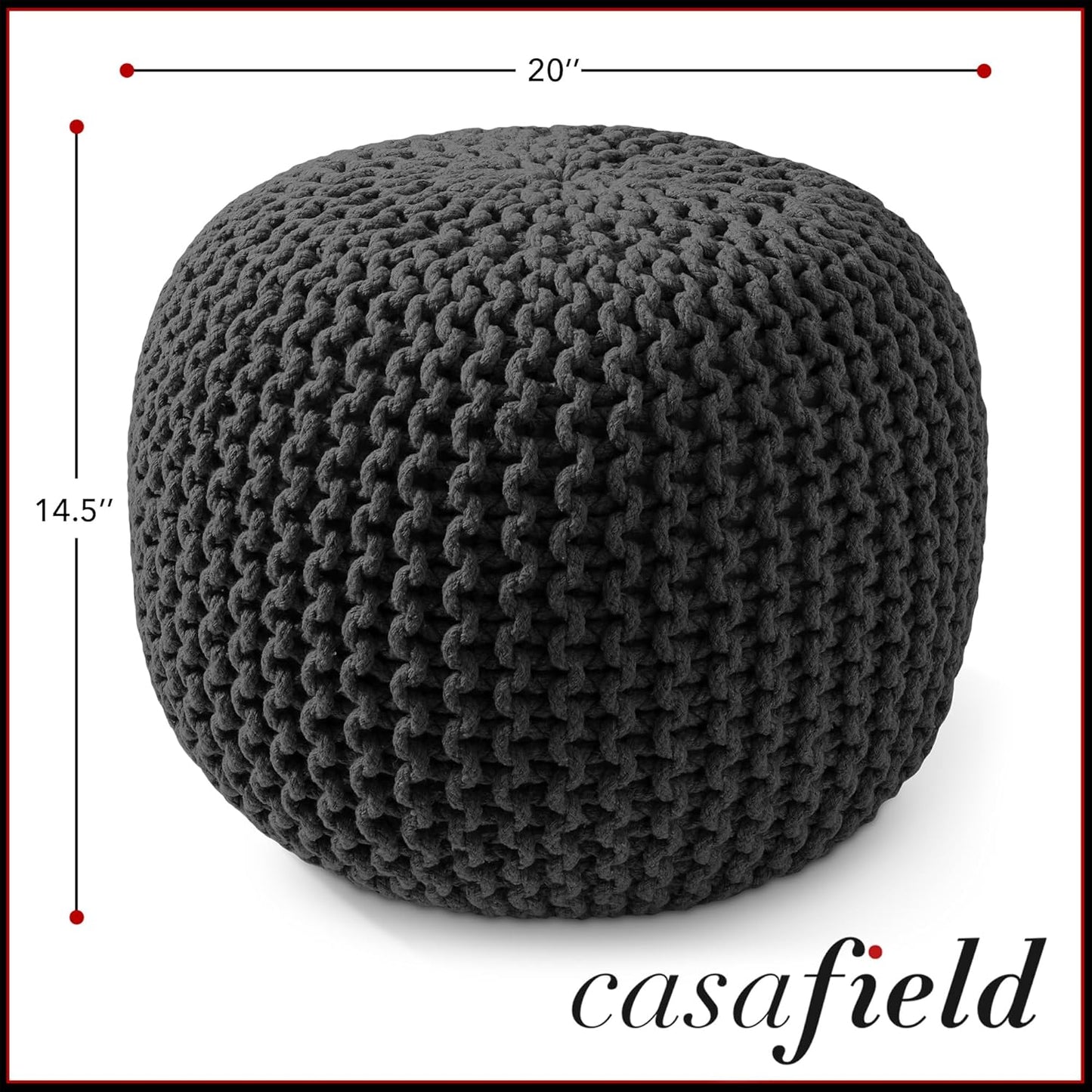 Casafield Round Pouf Ottoman, Black - 20" Diameter x 14.5" High Cotton Knit Foot Stool - Boho Floor Pouffe for Living Room, Bedroom, Home Office