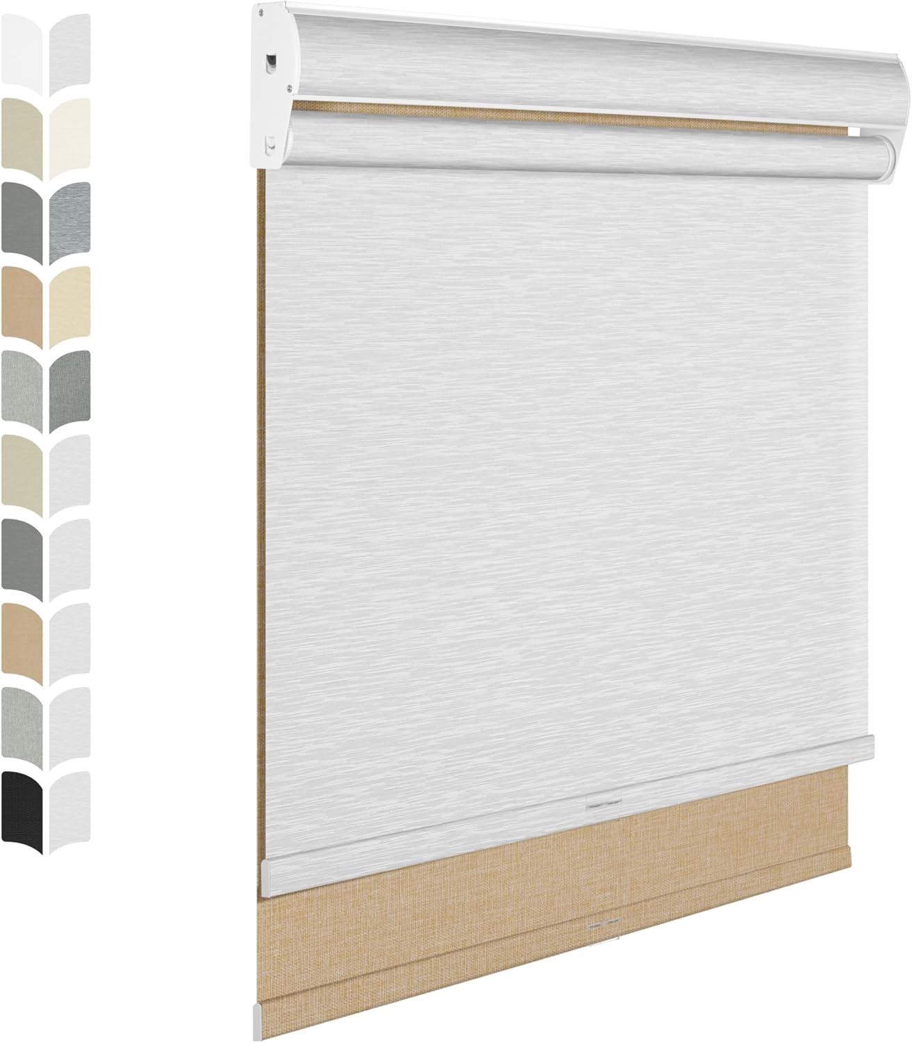 BERISSA Cordless Dual Roller Shades with Cassette Valance, Double Window Shades - Blackout and Light Filtering, Day and Night for Home Office Door. Linen Beige and White. 52 W x 44" H