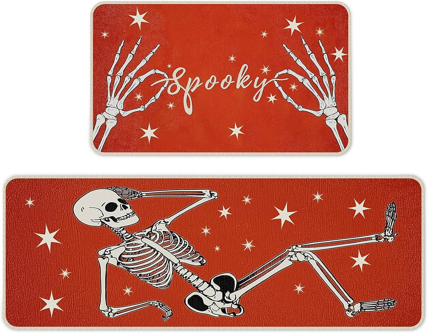 Halloween Kitchen Mat Set of 2, Spooky Skeleton Gothic Halloween Kitchen Decor, Halloween Rug for Floor, Indoor Spooky Home Decor with Non-Slip Backing,17 x 29 Inch & 17 x 47 Inch