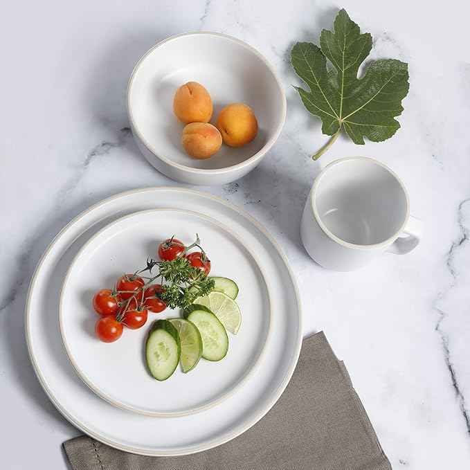 Gibson Home Zuma 16 Piece Round Kitchen Dinnerware Set, Dishes, Plates, Bowls, Mugs, Service for 4, Matte Stoneware, White