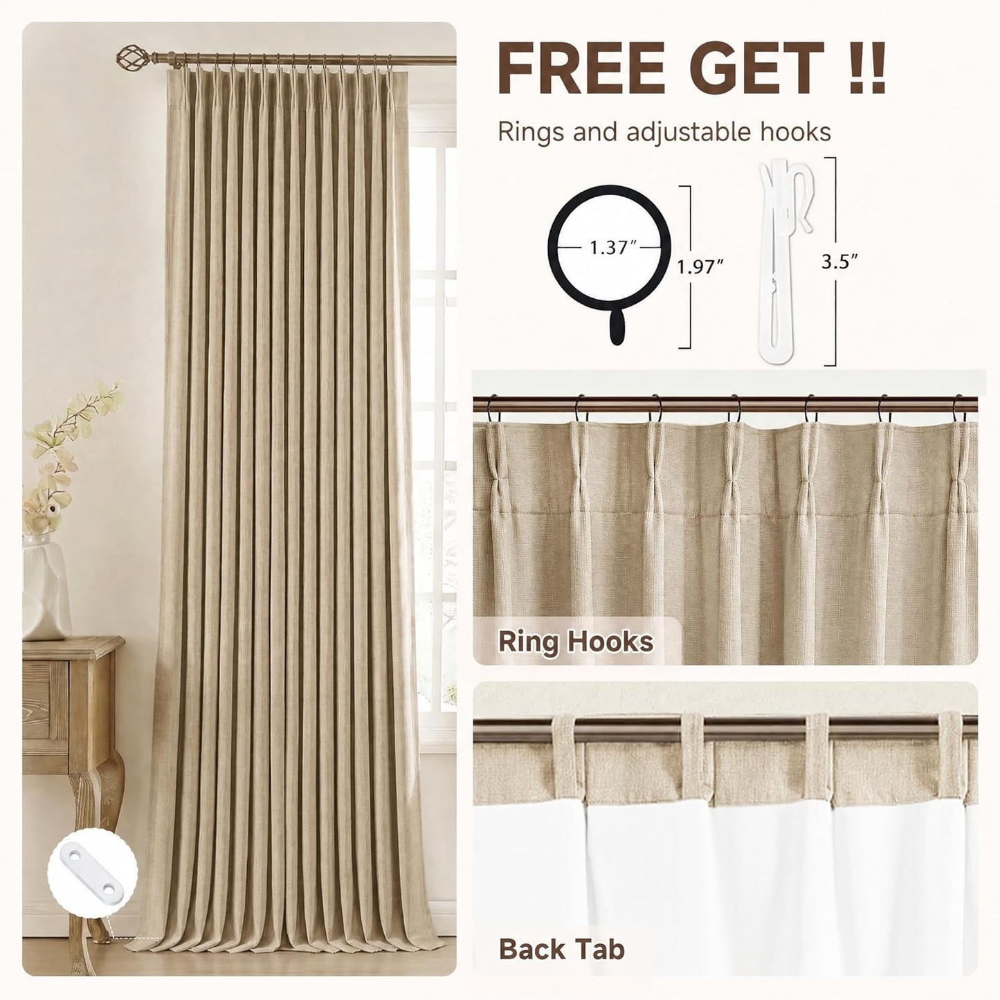 Lirien Pinch Pleated Blackout Curtains for Living Room Bedroom,100% Blackout Linen Textured Double Layer Drapes with Rings & Hooks,2 Panels Set,Oatmeal,45" W x 84" L