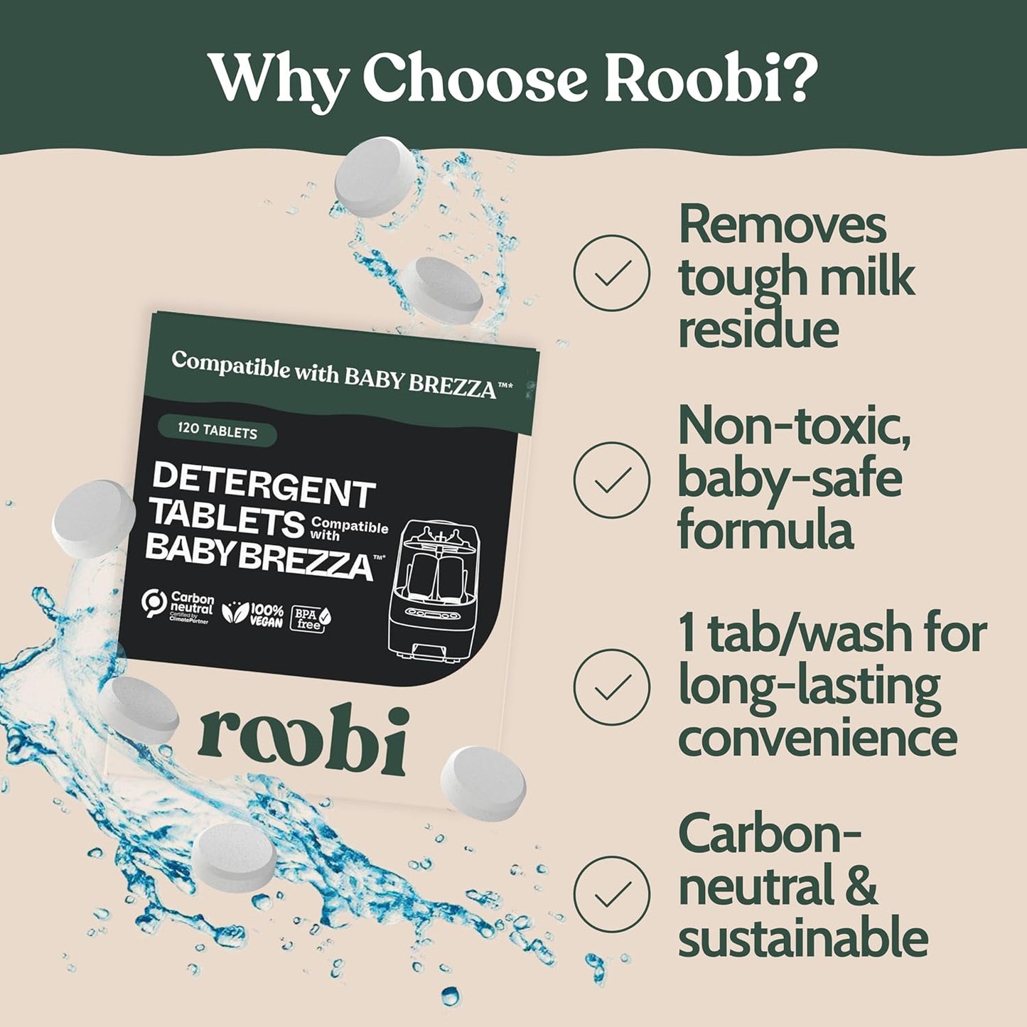Roobi Detergent Tablets Compatible with Baby Brezza Bottle Washer Pro. Removes Milk Residue & Odor, Hypoallergenic Carbon Neutral Formula. 120 Count.