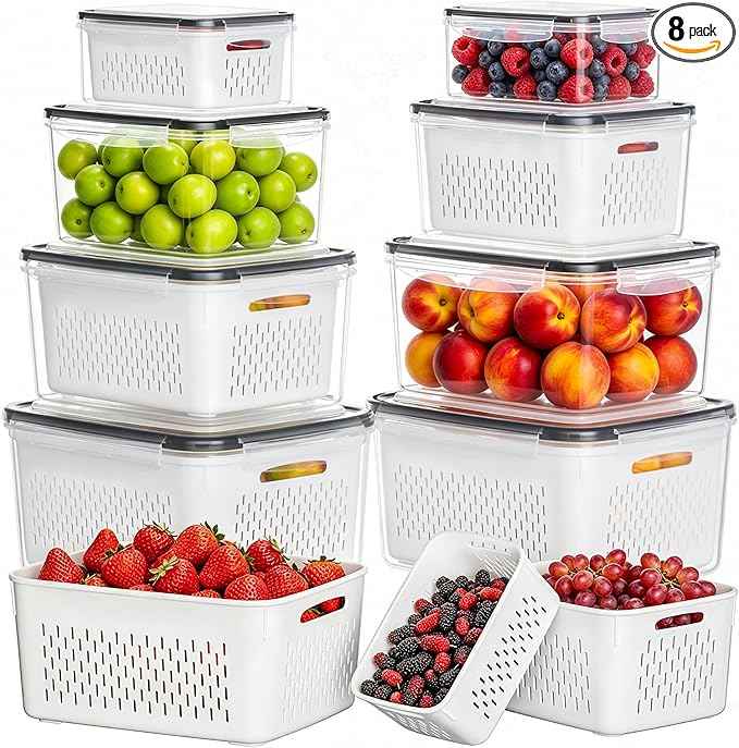 HOMETALL 8 Pack Fruit Storage Containers for Fridge, Fridge Organizers and Storage with Colander, Dishwasher & Microwave Safe Produce Containers Keep Fruits, Vegetables, Berry, Meat Fresh Longer