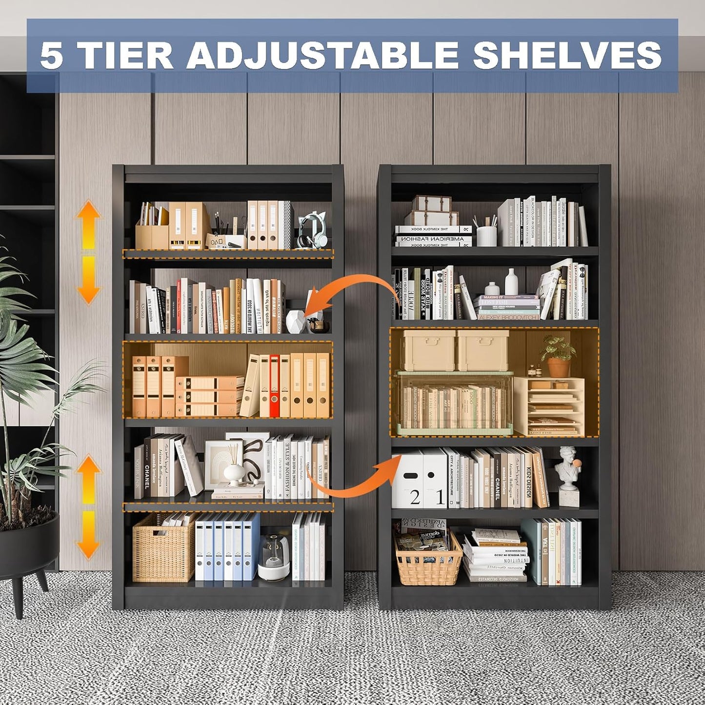 Metal Bookshelf Adjustable - 61" Tall Black Bookcase, 5 Tier Book Shelf, Tooless Assembly Book Case, Modern Bookshelves and Bookcases for Home Office, Living Room, Bedroom, Library