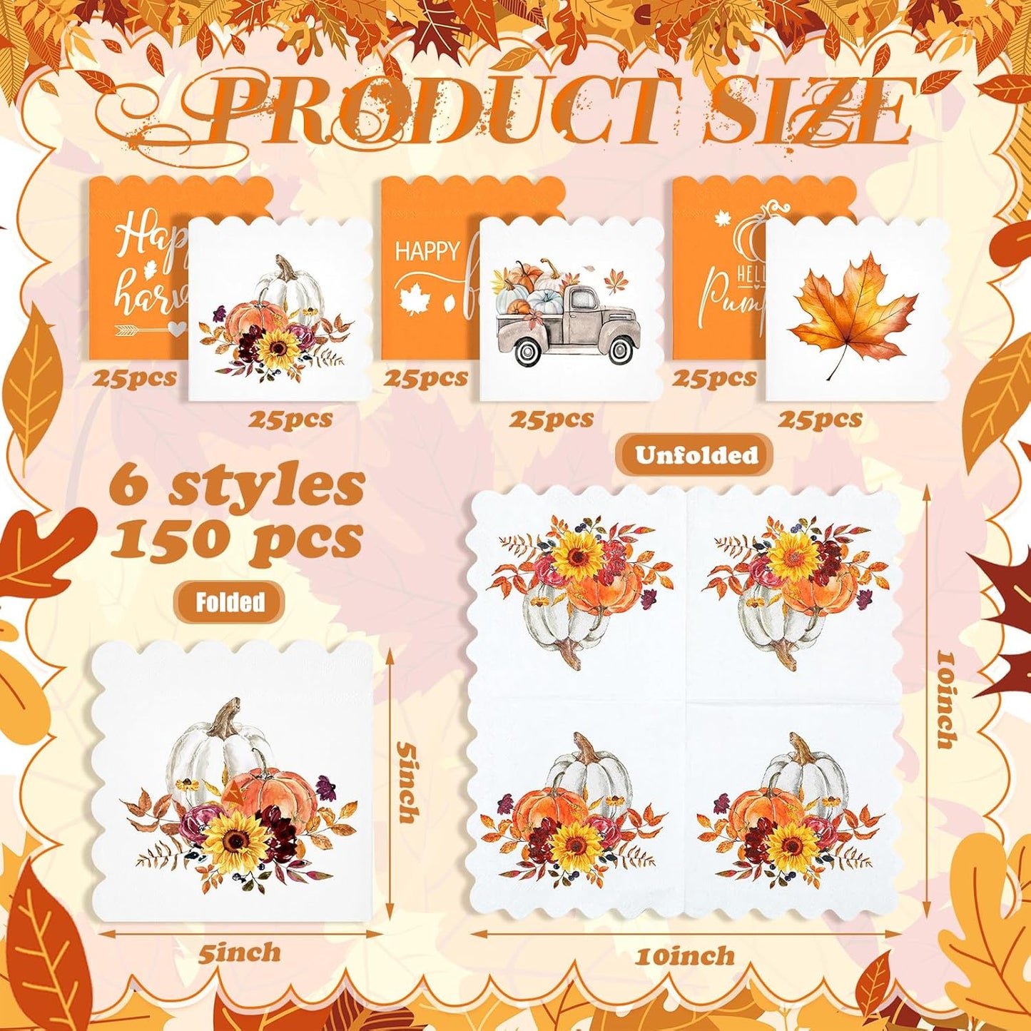150 Pcs 5 x 5 Inches Fall Thanksgiving Paper Napkins Autumn Pumpkin Scalloped Cocktail Napkins for Decoupage Disposable Autumn Harvest Party Supply Bathroom Table Dessert Dinner Wedding Decor