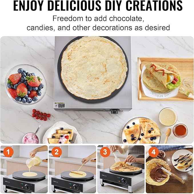 VEVOR Electric Crepe Maker, 16-Inch Commercial Crepe Machine, 1700W Flat Plate Crepe Griddle, Nonstick Stainless Steel Pancake Making Machine, Desktop Circular Cereals Pancake Stove with Temp Control