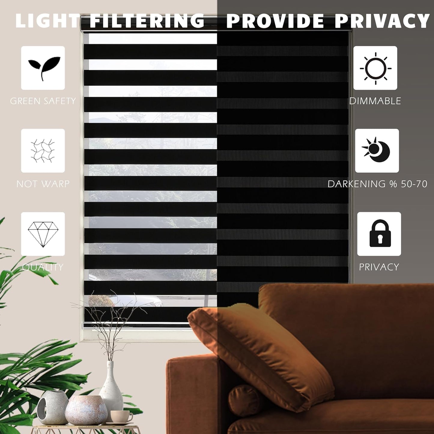 Blackout Zebra Blinds, Dual Layer Free-Stop, Room Darkening Zebra Shades, Blinds for Indoor Windows, Light Filtering Privacy Sheer Shade for Home(33" W X 72" H, Black)