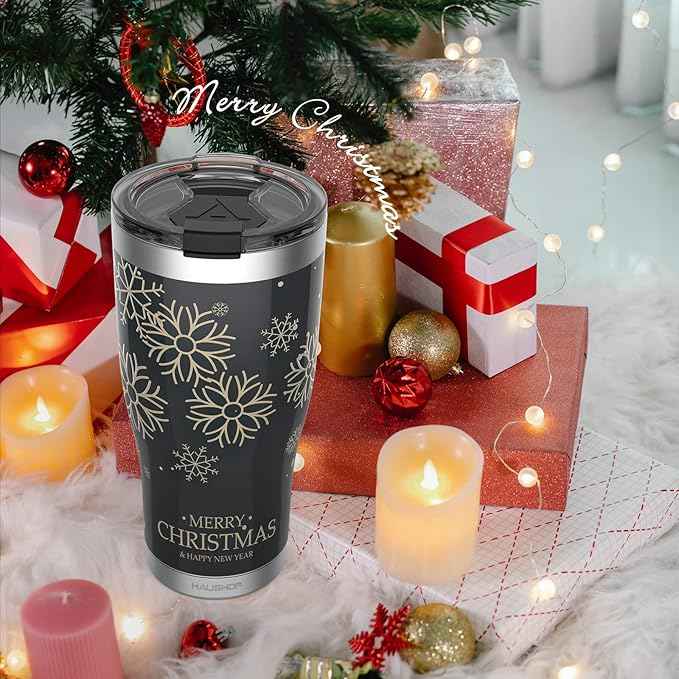 HAUSHOF 20oz Christmas Tumbler, Stainless Steel and Double Wall Insulated Travel Coffee Mug with Lid, Good Choice for Christsmas Gifts-Black with Snowflakes