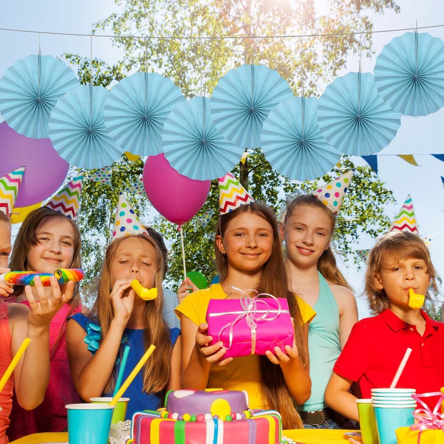 Blue Graduation Party Decor,Baby Blue Party Decorations,Christmas Baby Shower Decorations,Under The Sea Decorations,Blue Bachelorette Party 12in Hanging Paper Fans 30 Color DIY Set (Light Blue)