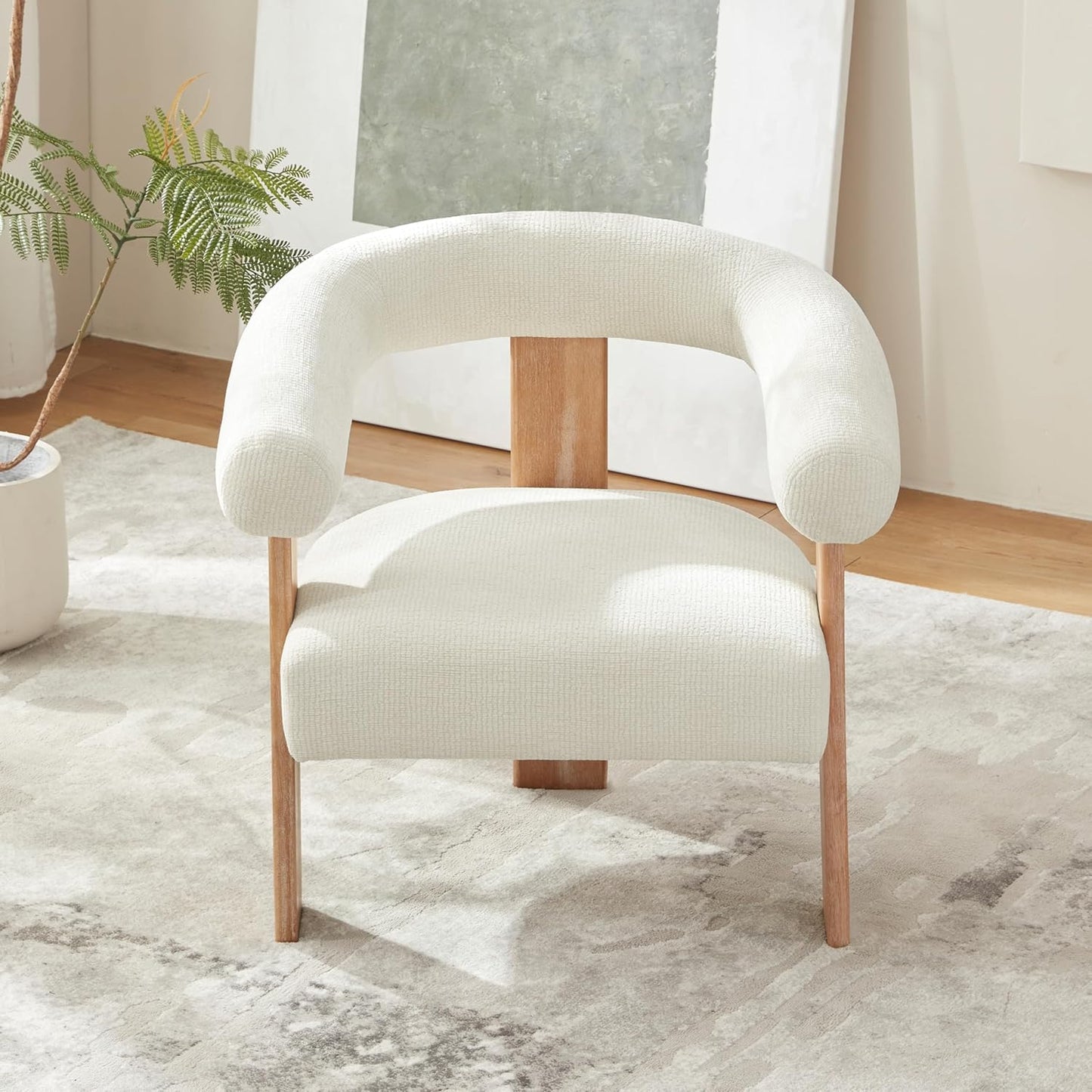 VKNOW Accent Chair Living Room Chair, Modern Upholstered Armchair with Solid Wood Legs, Comfy Barrel Arm Chairs for Living Room Bedroom, Cream