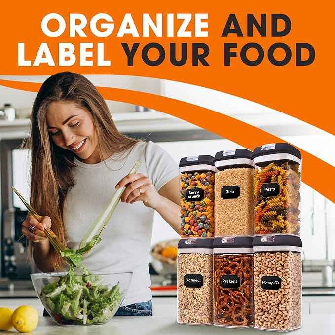 Cheer Collection Airtight Food Storage Containers, Kitchen Storage Containers for Pantry, Set of 6 Food Containers with Lids Airtight, Pantry Storage Containers & Organizers with Lids, 12L, Black