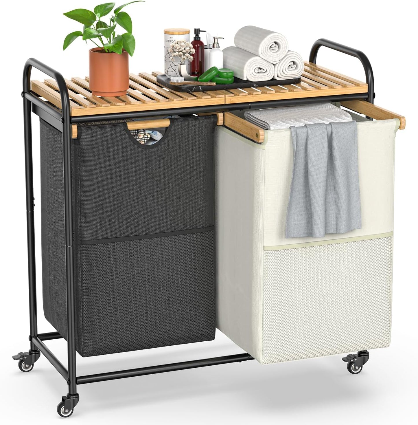 Laundry Hampers 2 Section, Laundry Sorter with Removable Shelf and Pull-Out Bags, Clothes Hampers with Wheels Rolling Cart Basket for Laundry Room Bathroom, 2 x 50 L (Black White) - Lumora Casa