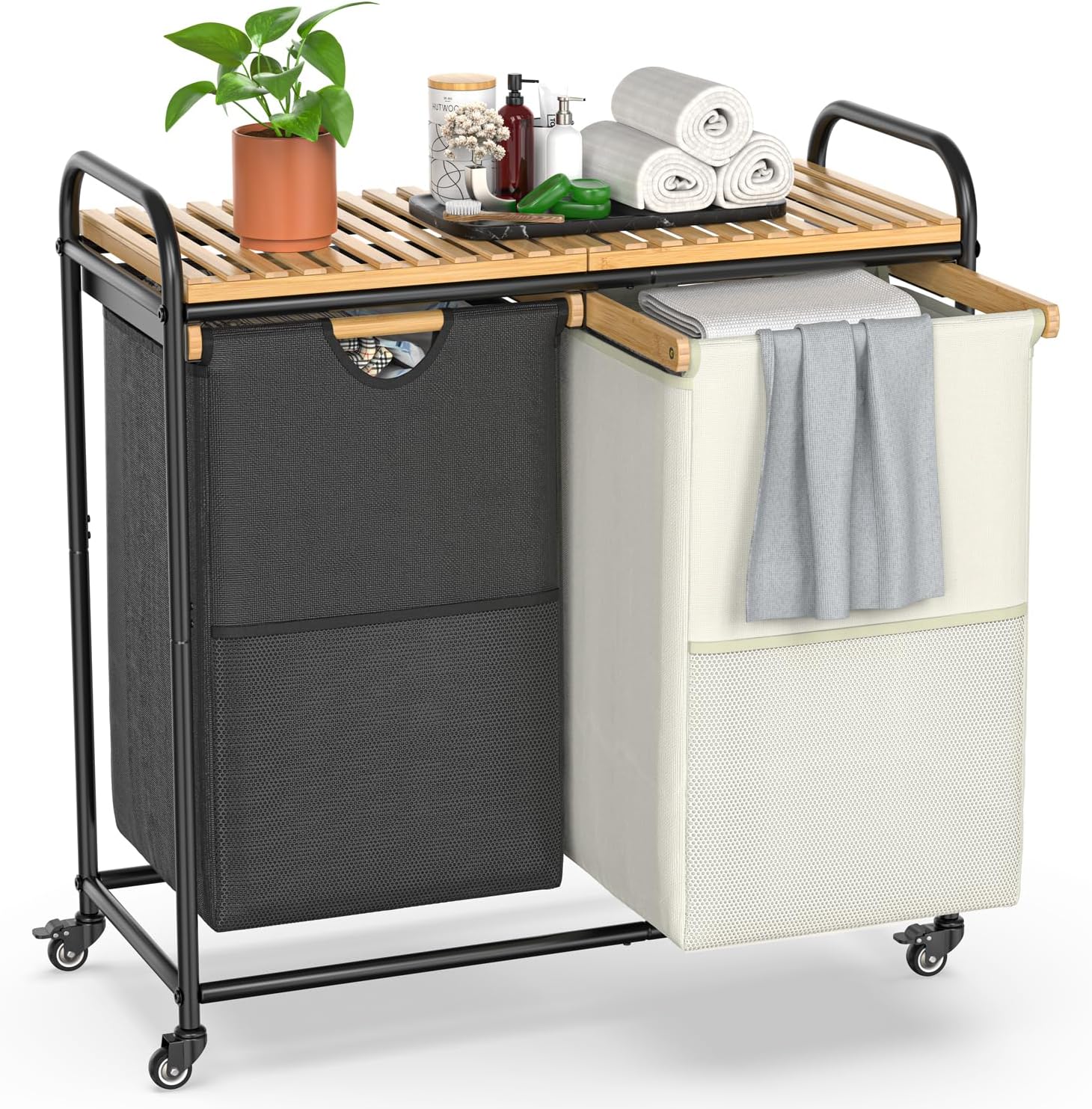 Laundry Hampers 2 Section, Laundry Sorter with Removable Shelf and Pull-Out Bags, Clothes Hampers with Wheels Rolling Cart Basket for Laundry Room Bathroom, 2 x 50 L (Black White) - Lumora Casa