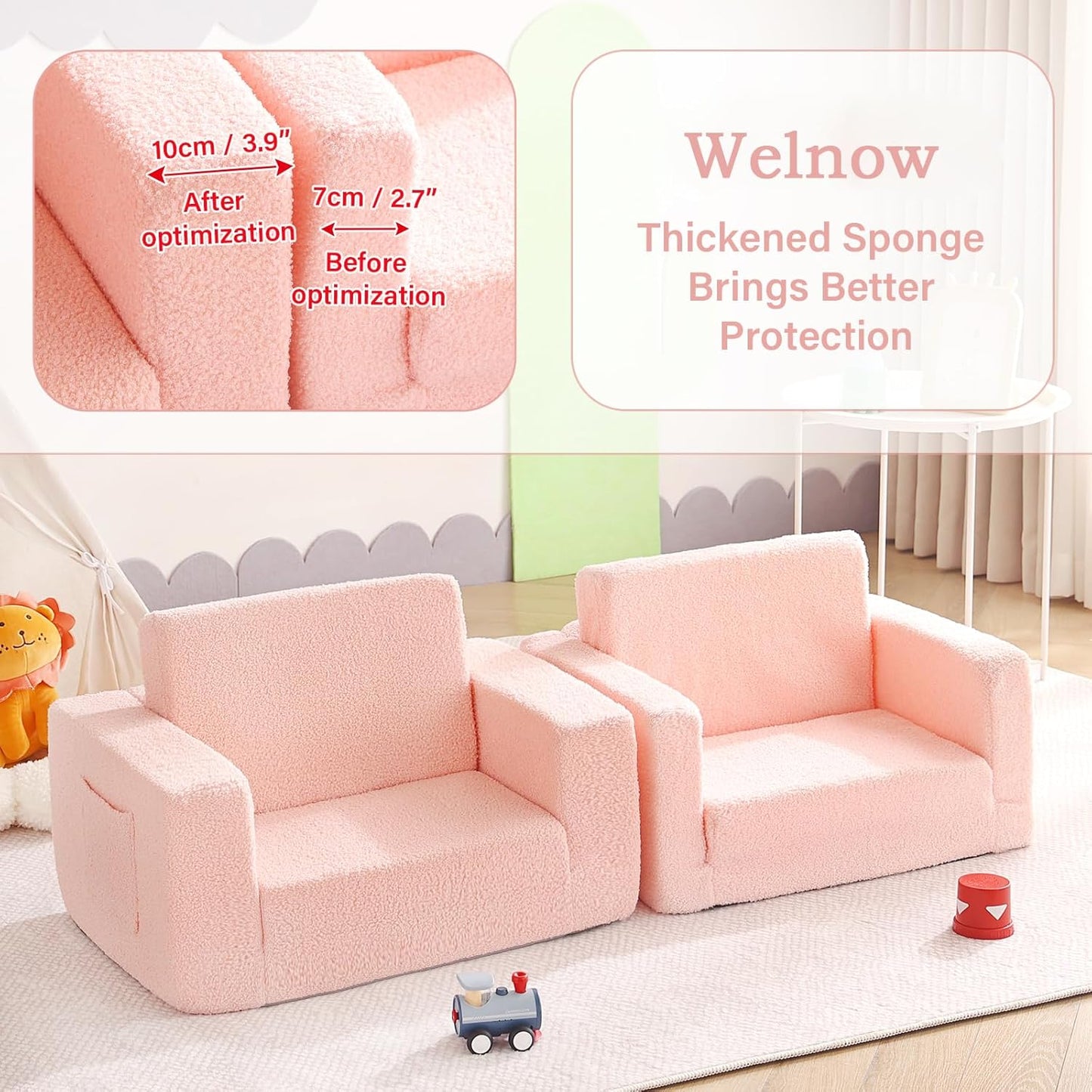Welnow 2-in-1 Kids Sofa Chair, Convertible Toddler Chair Flip Out Children Sofa Chair Folding Kids Play Sofa with Side Pockets & Removable Cover Armrest Chair for Girl or Boy