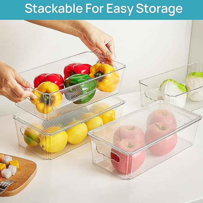Vtopmart 10pcs Clear Organizers and Storage Bins with Lids, Stackable Plastic Storage Containers with Handles for Fridge, Freezer, Pantry, Cabinet, Kitchen Organization