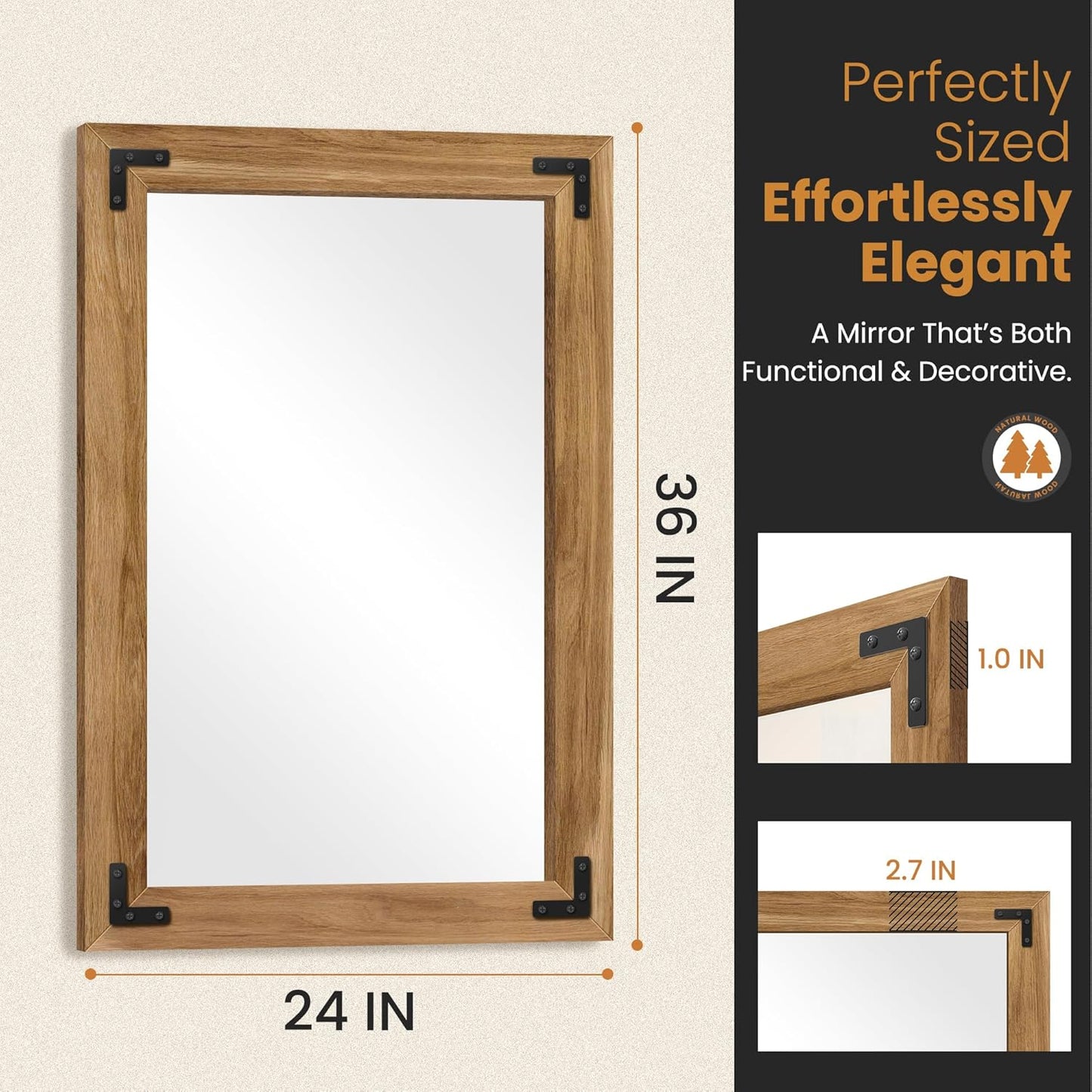 Bathroom Mirror for Wall with Wooden Frame, 36"x24" Solid Wood Vanity Mirror for Farmhouse, Bathroom, Bedroom Decor, Vertical or Horizontal Hanging