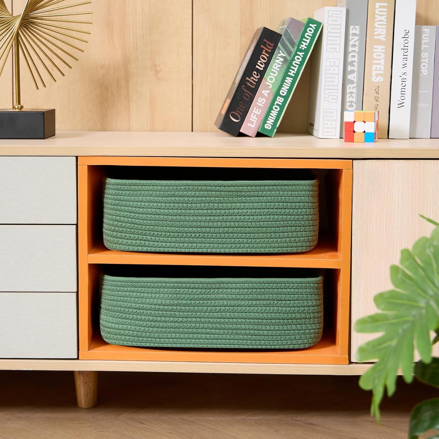 Large Shallow Organizing Baskets 15x11x5.1 Inches - Rope Woven Storage Bins for Bathroom, Shelves, Cube Closet, Green 2 Packs