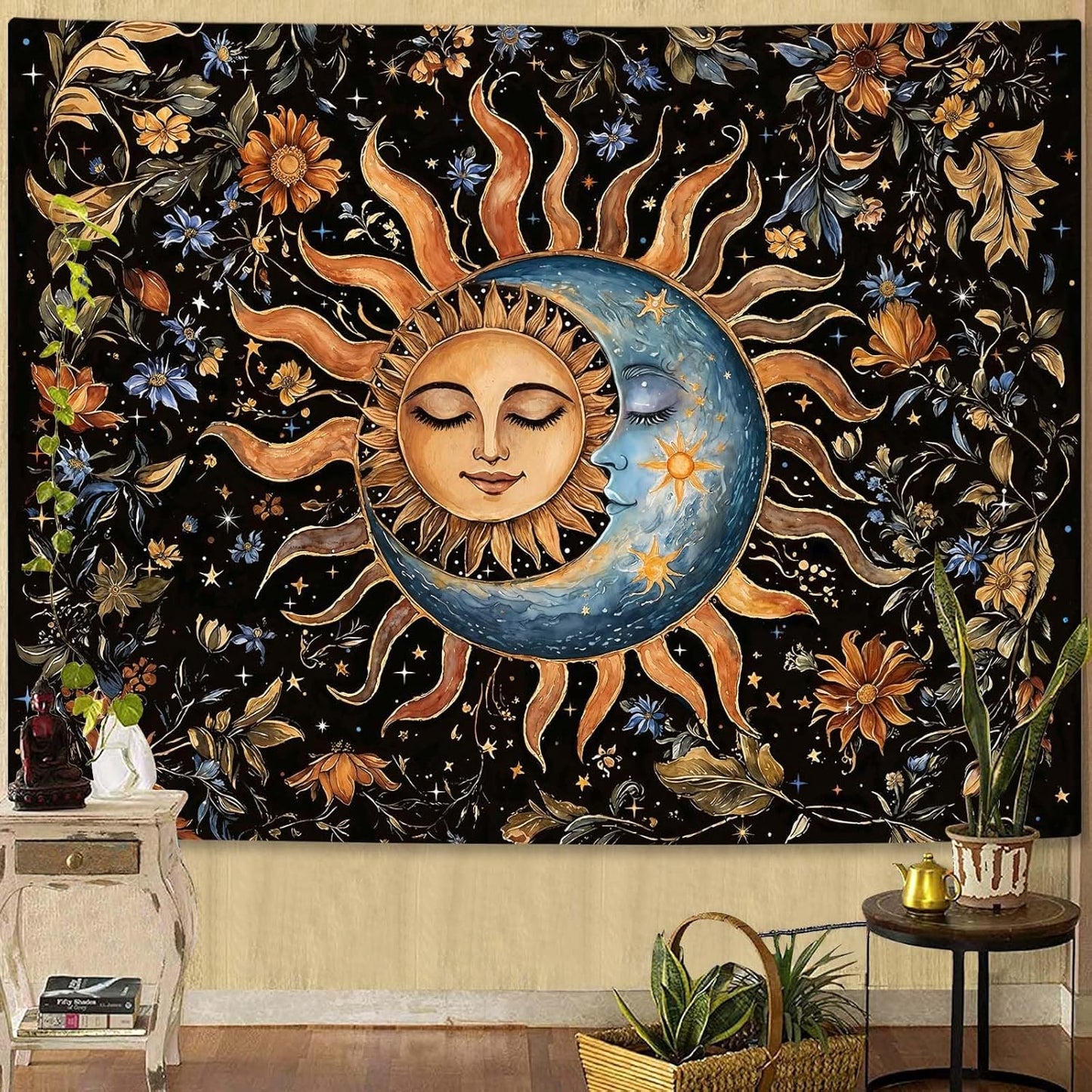 Aipon Sun and Moon Tapestry for Bedroom Boho Vintage Floral Hippie Wall Tapestry Aesthetic Retro Flower Plant Large Tapestries Wall Hanging for Living Room Dorm Decor 80 x 60 Inch