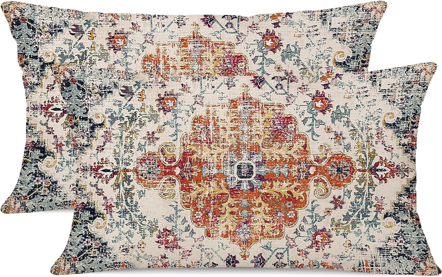 Outdoor Waterproof Pillow Set of 2 - 12X20 Inch Bohemian Vintage Carpet Pattern, Blue & Burnt Orange, Ethnic Design, Decorative Farmhouse Pillow Covers for Couch, Garden, Balcony