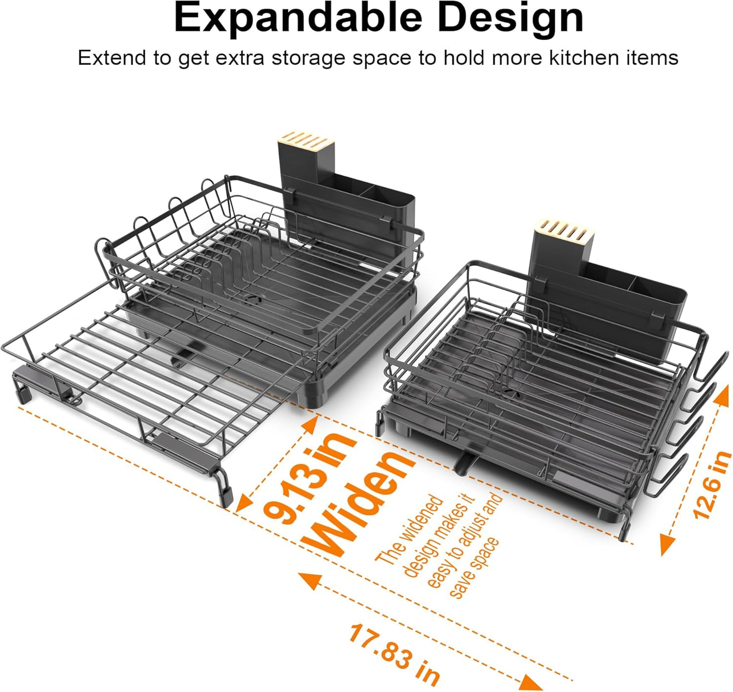 Runnatal Dish Drying Rack - Expandable Dish Rack, Large Drying Dish Drainer Over Sink with Drainboard, Utensil Holder & Cup Holder, Stainless Steel Dish Strainer for Kitchen Counter, Black