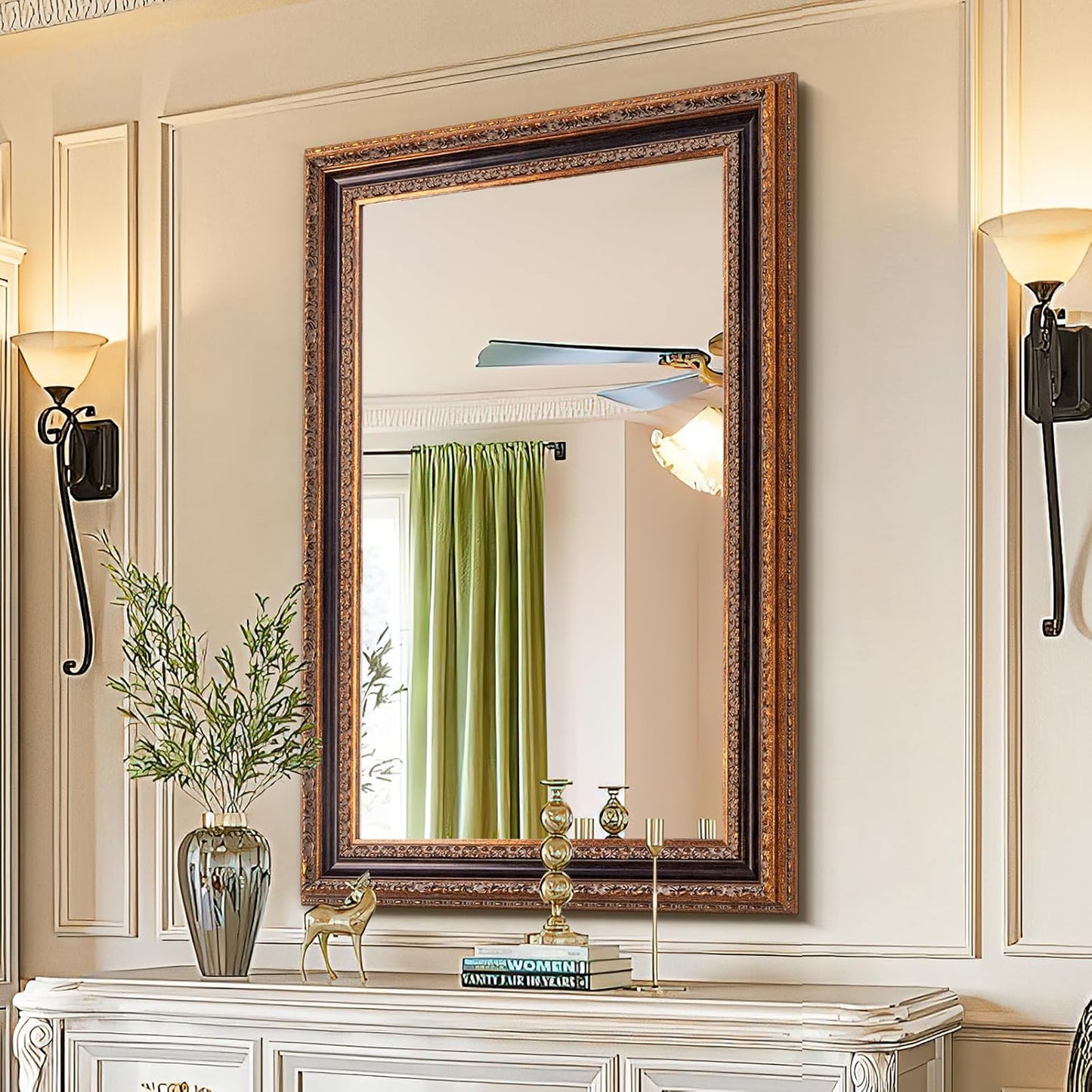 Antique Bronze Mirror 36.5" X 25", Bathroom Wall Mirror with Ornate Carvings Solid Wood Frame, Handmade Aging, for Vintage Living Room, Hallway and Bedroom