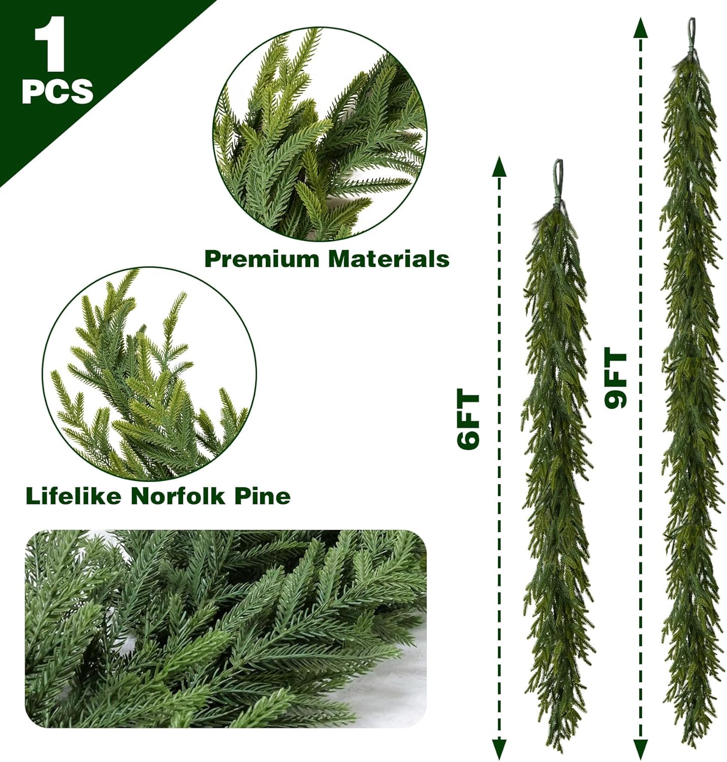 6FT Christmas Garland Norfolk Pine Garland Real Touch Faux Greenery Cedar Garlands for Mantle,Table,Wall,Christmas Decorations Indoor Outdoor