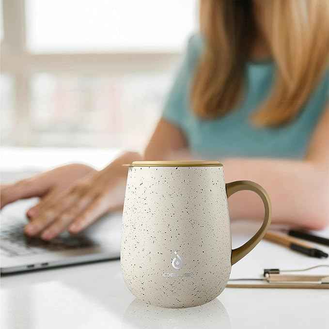 Ideus 16 oz Insulated Coffee Mug with Handle and Lid, Double Wall Stainless Steel Vacuum Thermal Coffee Mug, Travel Coffee Cup Thermal Cup for Home and Office, Eggshell Yellow