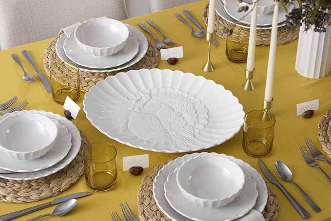 Lenox Serveware, Lenox French Perle Carved Turkey Platter, Scalloped, Oval, 18-Inch, Stoneware, Dishwasher Safe, Turkey Platter for Thanksgiving, Winter Hosting, Christmas Serving (White, 1 Piece)