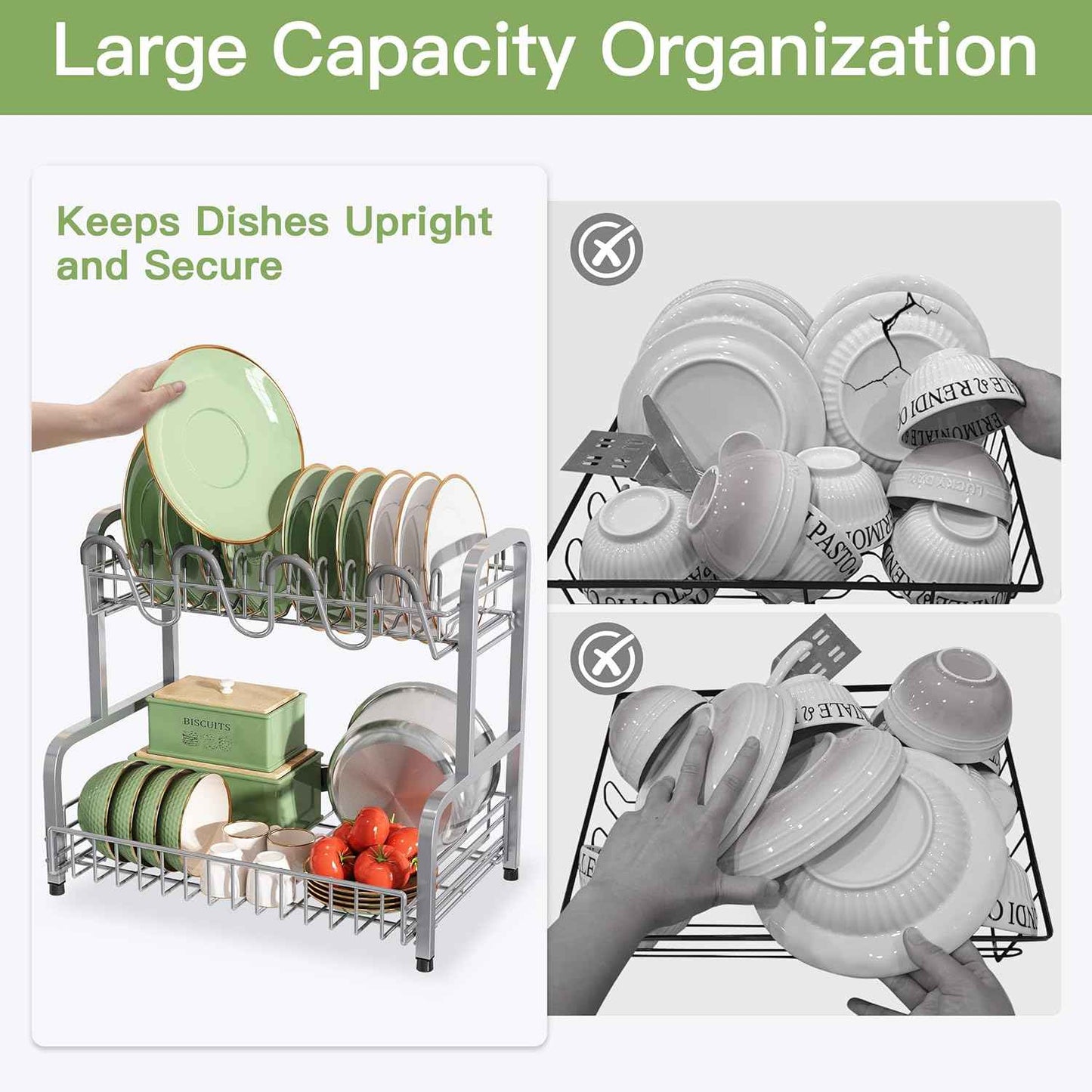 romision 2 Tier Compact Stainless Steel Dish Drainers Drying Rack for Kitchen Counter, Space Saving, Rust Proof Plate Strainers Holder On Countertop with Drainboard, Modern Gray, Small