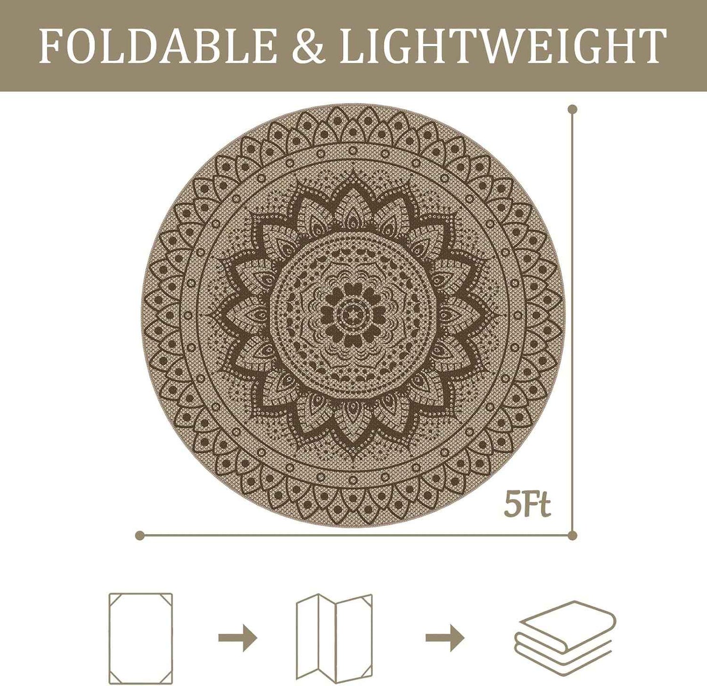 Easy Jute Outdoor Round Rug, 5ft Washable Indoor Outdoor Patio Rug, Brown Non Slip Round Area Rug Farmhouse, Boho Carpet for Backyard Patio