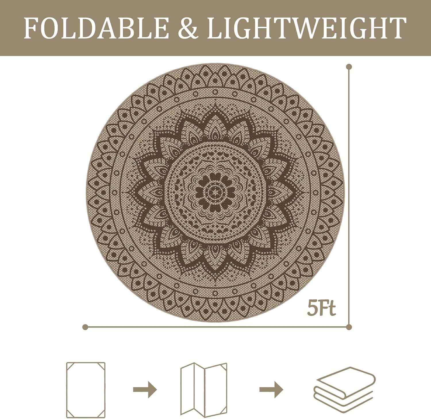 Easy Jute Outdoor Round Rug, 5ft Washable Indoor Outdoor Patio Rug, Brown Non Slip Round Area Rug Farmhouse, Boho Carpet for Backyard Patio