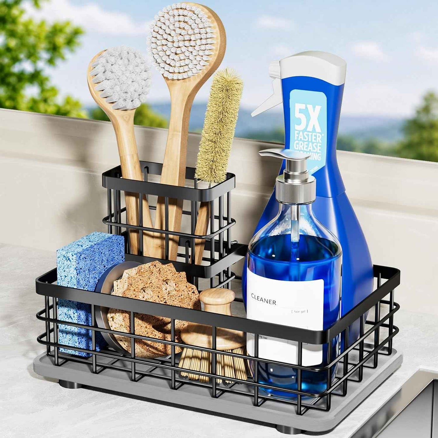 Extra Large Kitchen Sink Caddy Organizer, Stainless Steel Sponge Holder for Kitchen Sink with Brush Holder, Diatomite Stone Sink Tray for Soap Dispenser, Sponge, Kitchen Essentials and Gadgets, Black