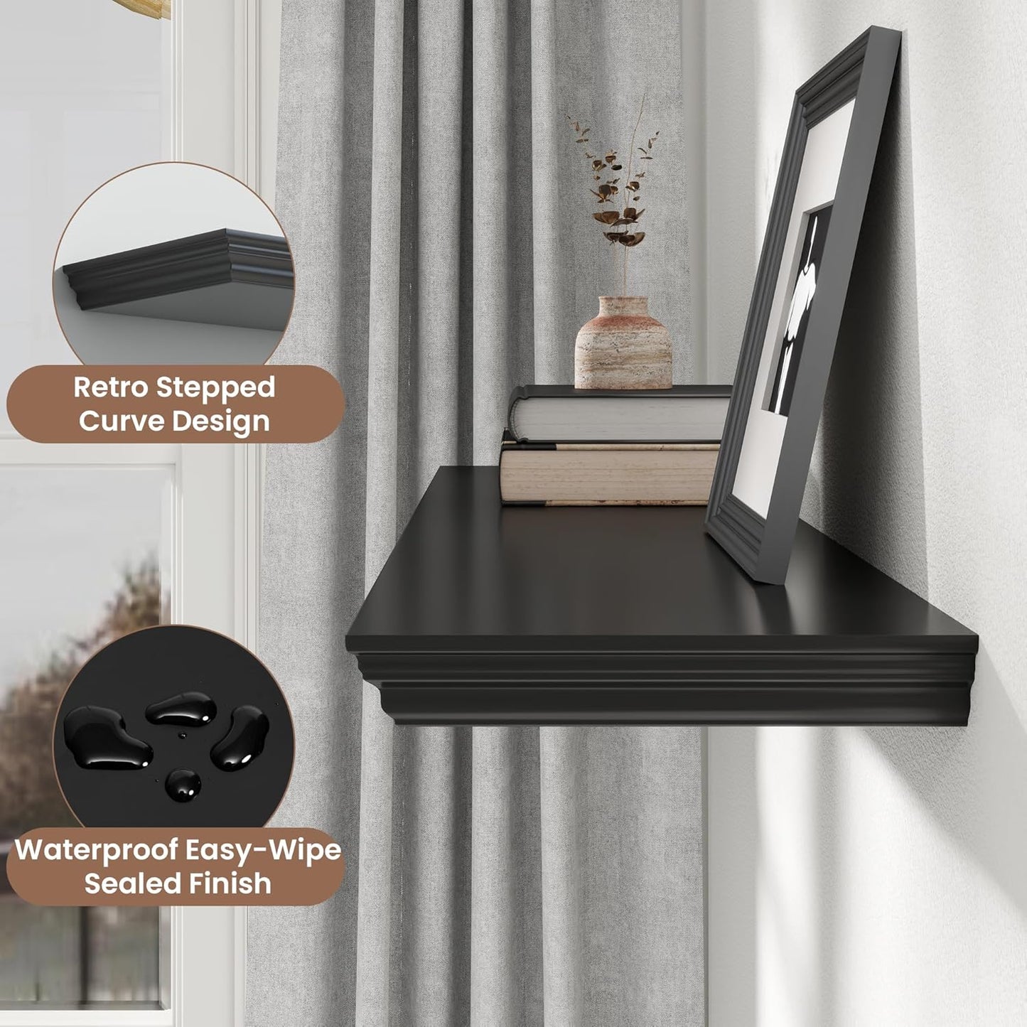 Floating Shelves for Wall, 36 Inch Long Wall Mounted Black Hanging Shelf for Kitchen, Living Room, Office, Bedroom, Bathroom, Retro Vintage Wood Bookshelf for House Decor