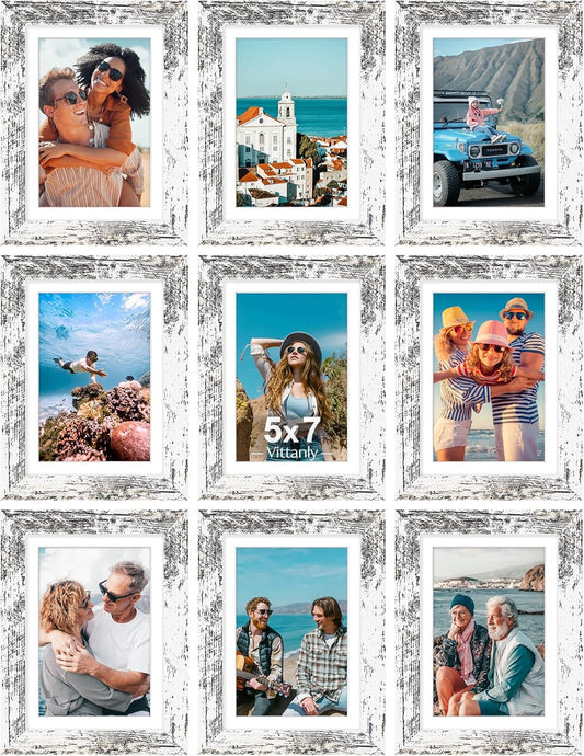 Vittanly 5x7 Picture Frames Set of 9, Shatter Resistant Plexiglass, Display 4x6 Pictures with Mat or 5x7 without Mat, Photo Frames for Wall or Tabletop, Engineered Wood, Distressed White