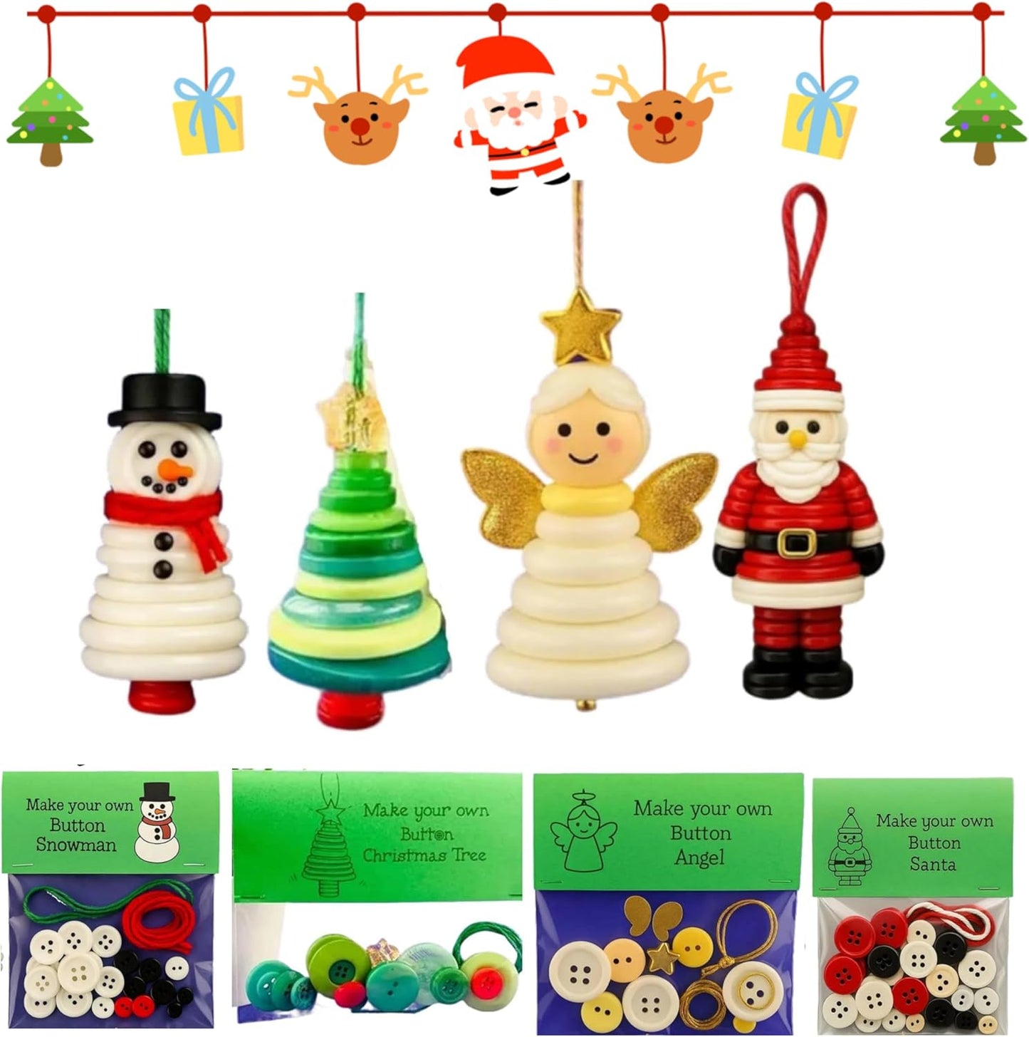 DIY Christmas Button Ornament Making Set–Fun Holiday Handmade Decorations for All Ages,DIY Craft Buttons Kit with Christmas Snowman/Santa/Angel,Xmas Tree Hanging Decorations (#C)