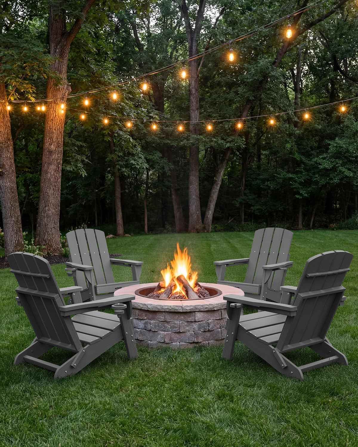 Folding Adirondack Chair, HDPE All-Weather Fire Pit Chairs, Plastic Adirondack Chairs with 2 Cup Holder, Outdoor Lawn Chair for Patio Garden (Grey)