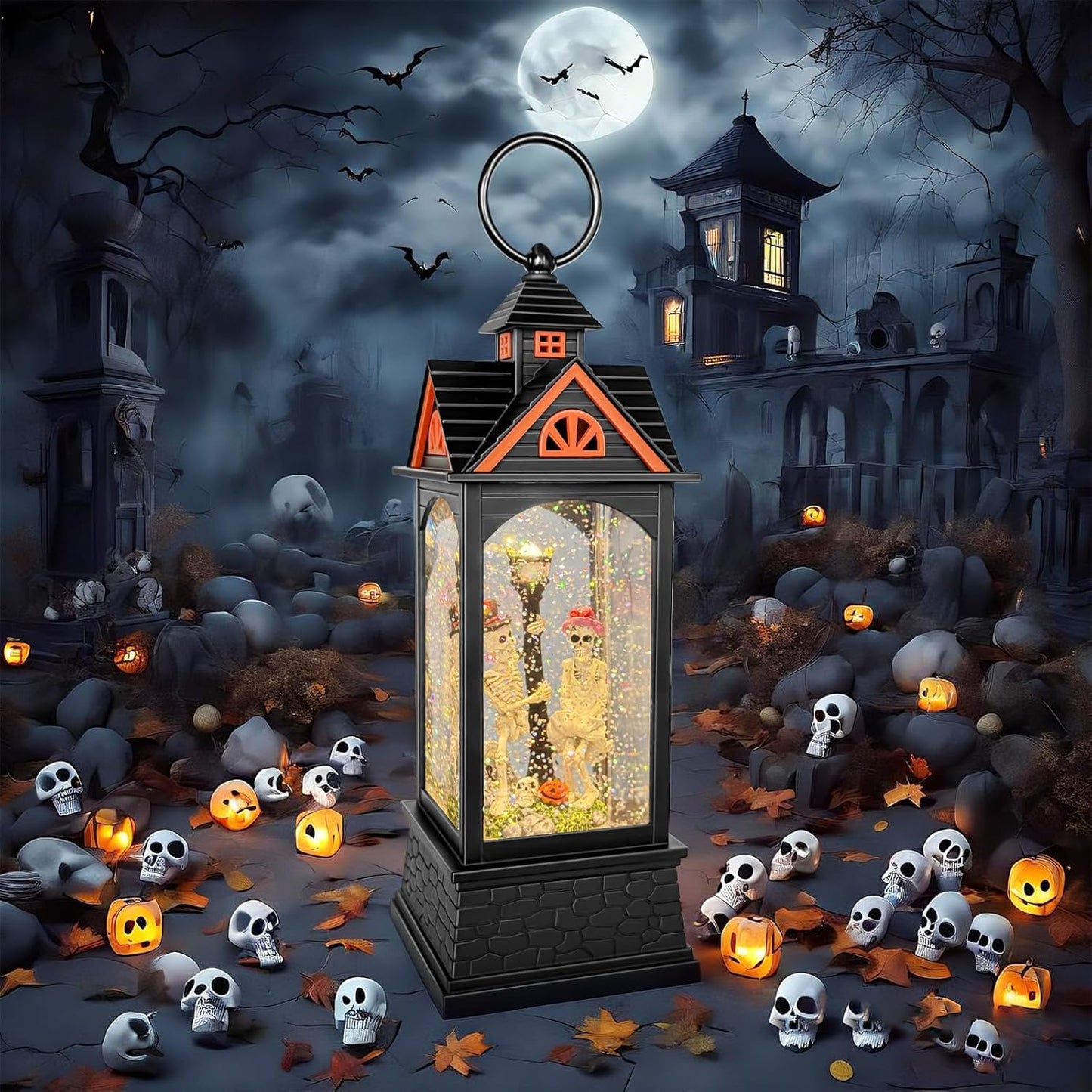 Halloween Snow Globe Lantern, Spooky Ghost Halloween Decor, Plug-in & Battery Operated Snow Globes for Halloween Decorations Indoor