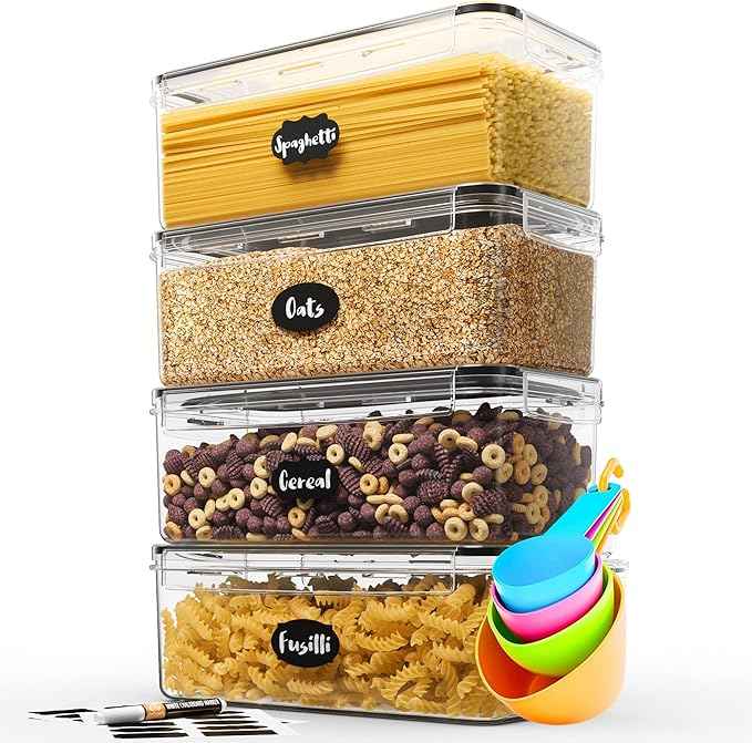 Chef's Path Airtight Food Storage Containers with Lids (Set of 4/3.6 Liters Each), Plastic Spaghetti Container for Pasta & Dry Food Storage, BPA Free Pantry Organizer Set with Kitchen Accessories
