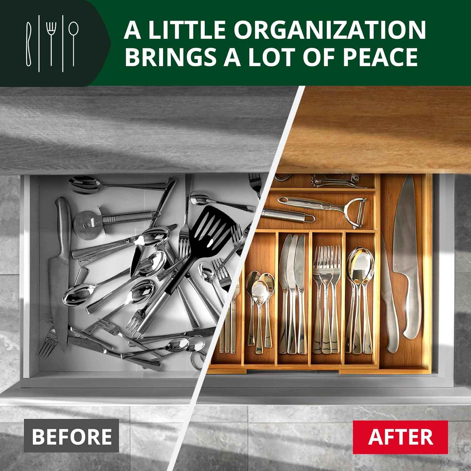 ROYAL CRAFT WOOD Luxury Bamboo Kitchen Drawer Organizer - Silverware Organizer, Utensil Holder & Cutlery Tray Drawer Dividers for Flatware (9 Slot, Natural)