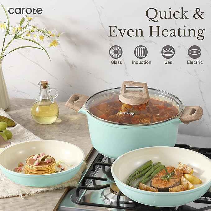CAROTE 21-Piece Ceramic Pots and Pans Cookware Set, Non Stick Induction Cook Ware Kitchen Cooking Set Non-Toxic Health, PFAS Free