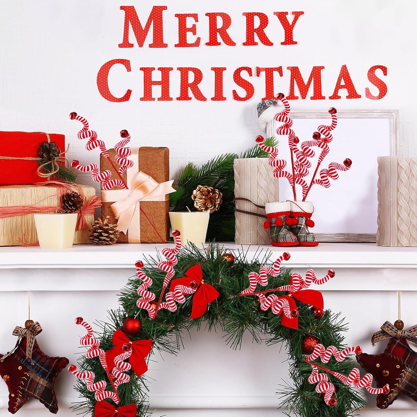 Sggvecsy 6 Pcs Christmas Tree Decoration Candy Cane Woolen Bells Candy Shape Christmas Tree Picks Christmas Bell Curly Picks Ornaments Xmas Tree Topper for Vase Filler Office Home Decor (Red)