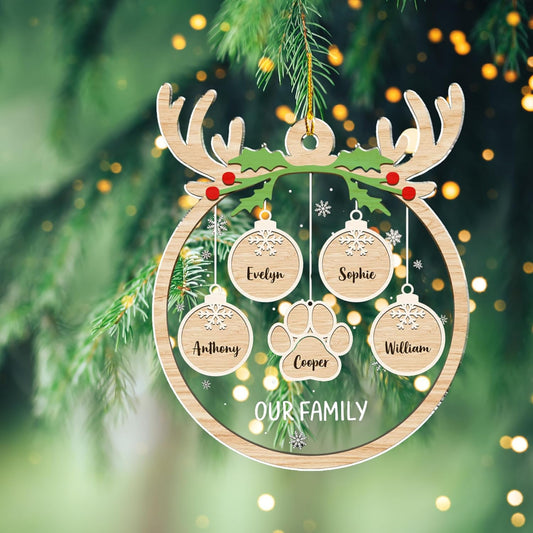 Personalized Family Christmas Acrylic Ornament 2024 - Custom Name Charms Family Members up to 10 People and Pets, Paw Charm Ornament Gifts for Family Tree Decoration (A01, 5 Names)