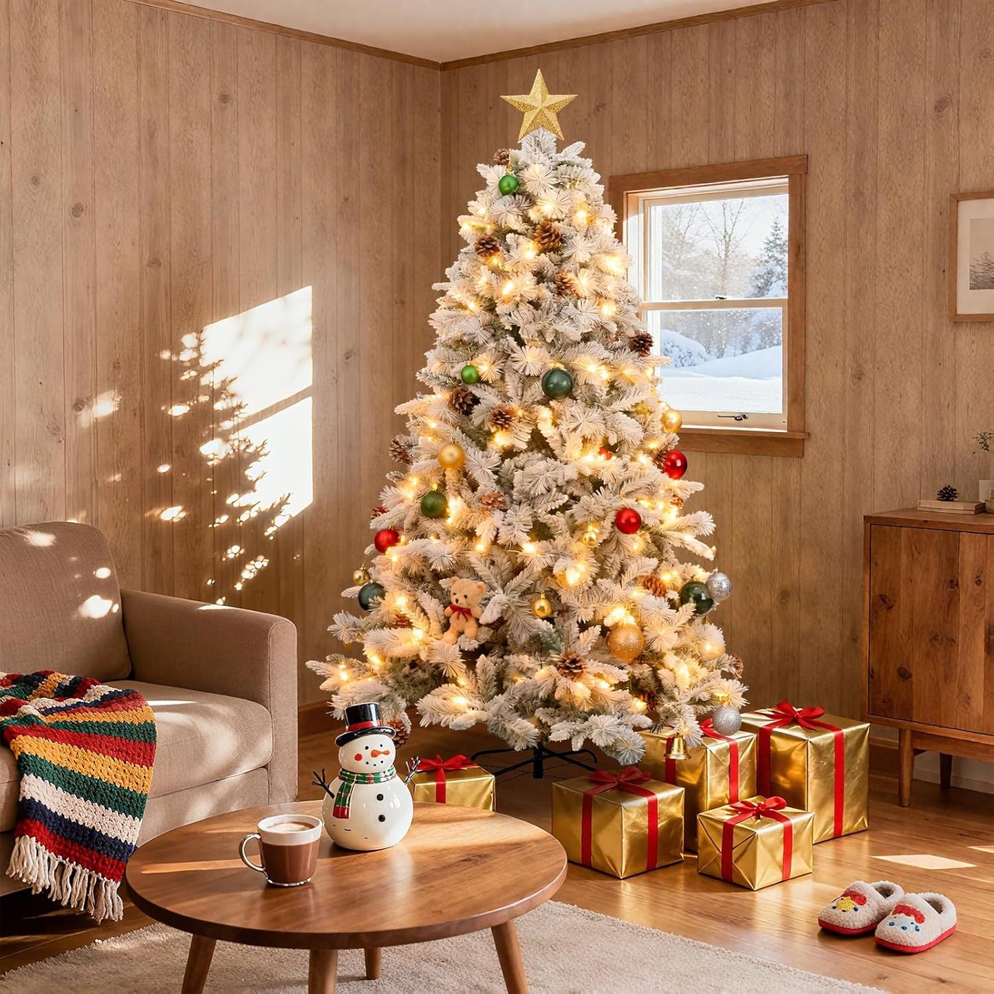 7Ft Prelit Christmas Tree,Snow Flocked Artificial Hinged Holiday Christmas Pine Tree,Xmas Tree w/400 LED Lights and 1500 Snow Flocked Branch Tips for Home,Office,Party Decoration