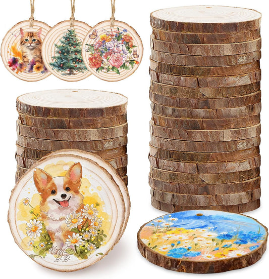 Natural Wood Slices Round Wooden Discs for Crafts 30 Pcs Unfinished Tree Bark Slices Wood Circles for Centerpieces Blank Wooden Christmas Ornaments with Hole for DIY Christmas Arts Painting Wedding