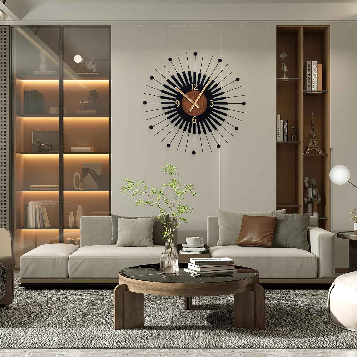 22 Inch Modern Sunburst Wall Clock Battery Operated, Black Metal Radiating Design with Walnut Wood Center, Silent Quartz Movement, Gold Hands – Decorative Clocks for Living Room, Office, Bedroom
