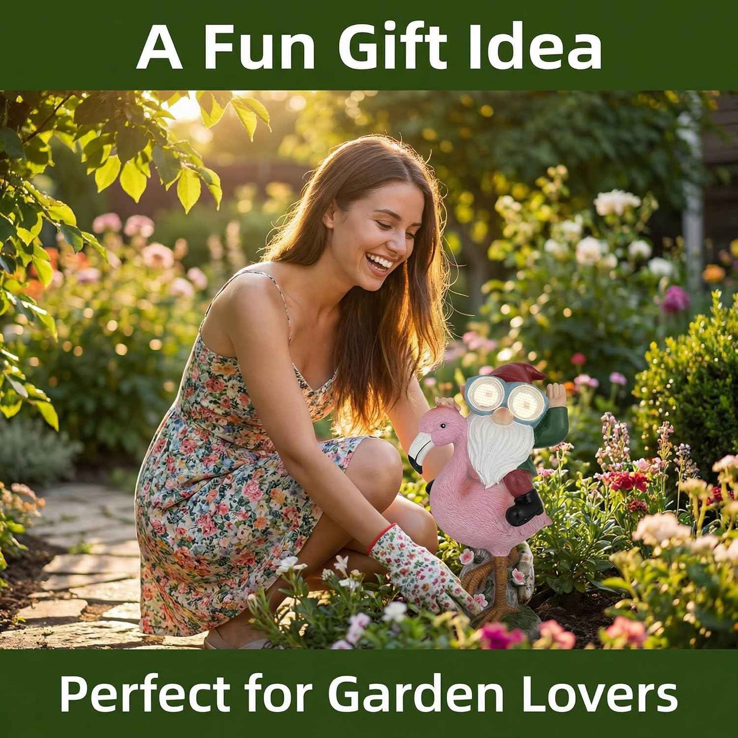 iStatue Solar Flamingo Gnome Garden Statue with Blinking LED Goggles, Funny Solar Garden Decor Outdoor Lawn Ornament Unique Birthday Gifts for Mom Women Dad Men (Multicolor)